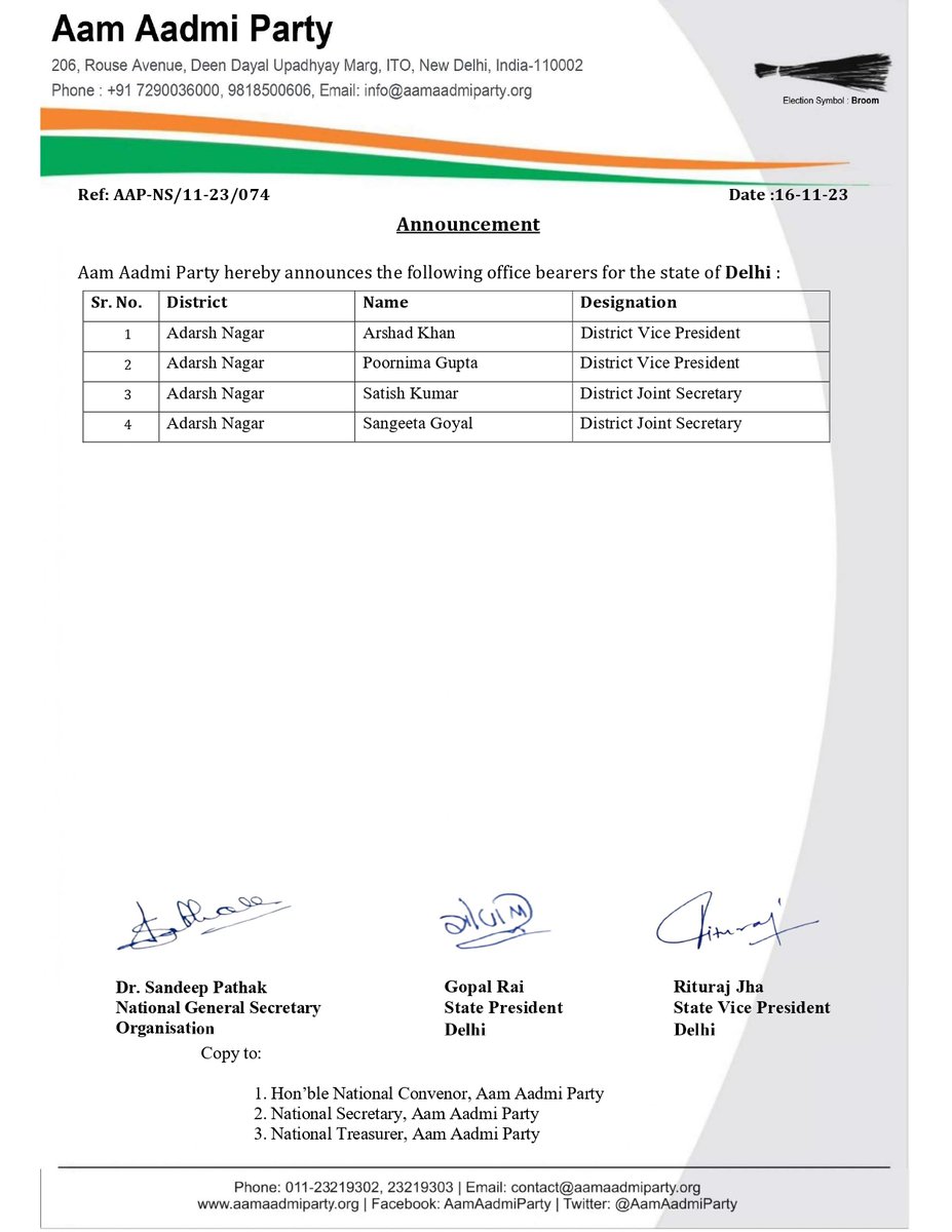 AamAadmiParty's tweet photo. 📢Announcement 📢 

The Party hereby announces the following office bearers for the state of Delhi 

Congratulations to all 💐 https://t.co/NhRxKGpONj