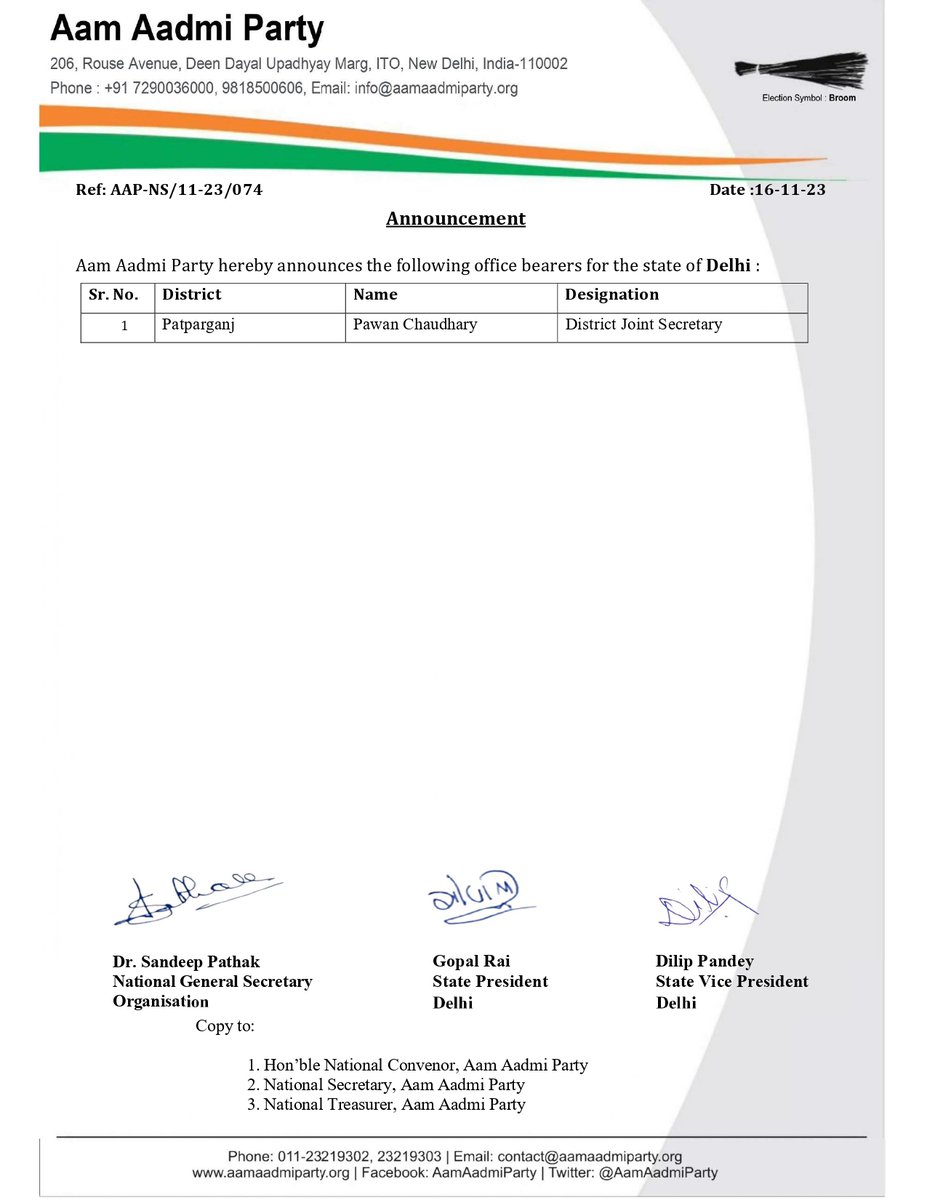 AamAadmiParty's tweet photo. 📢Announcement 📢 

The Party hereby announces the following office bearers for the state of Delhi 

Congratulations to all 💐 https://t.co/NhRxKGpONj