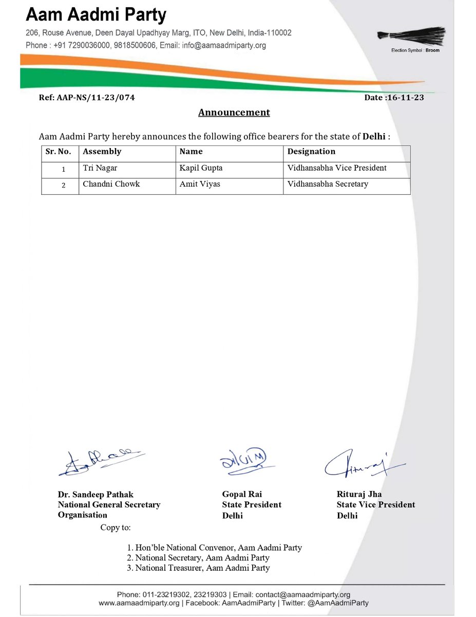AamAadmiParty's tweet photo. 📢Announcement 📢 

The Party hereby announces the following office bearers for the state of Delhi 

Congratulations to all 💐 https://t.co/NhRxKGpONj