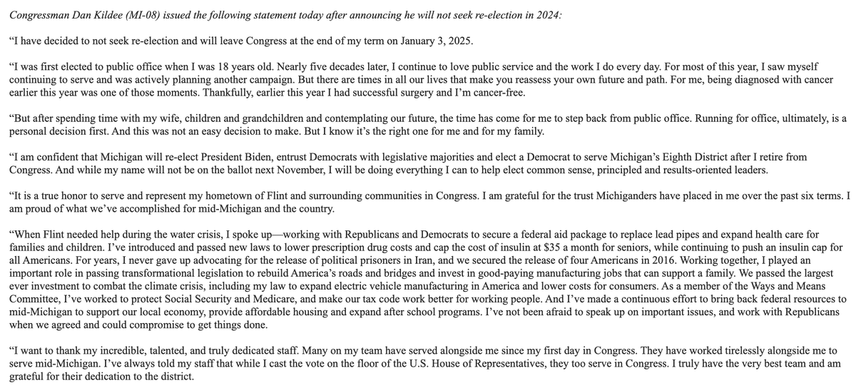 jonathanoosting's tweet photo. INBOX: Michigan Congressman Dan Kildee Announces He Will Not Seek Re-Election https://t.co/RyrkP0Vo1Z