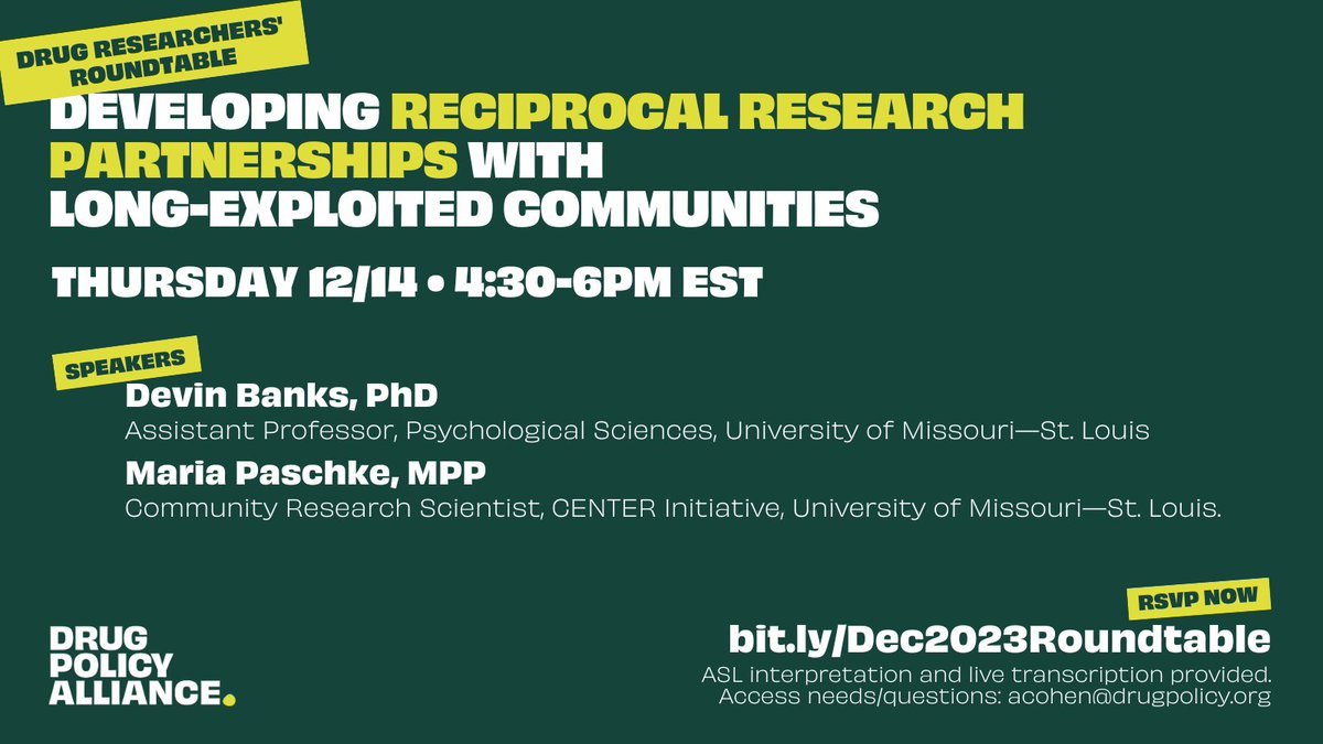 📢Next week!📢 Dec 14th 4:30-6pm EST Join us for our Dec #DrugResearchersRT with Dr. Devin Banks (@PhD_Banks) and Maria Paschke to better understand how to engage communities in research. Learn from their experience in STL! RSVP: bit.ly/Dec2023Roundta…