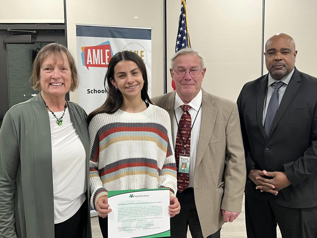 mayfield_pr's tweet photo. MMS HONORED: Congratulations to our Mayfield Middle School students of the month Lexi M., Emma D., Antonio S., staff of the month  Mrs. DeBaltzo and Mrs. Vokic and the parents, teachers and staff of the MMS community. #mychoicemayfield https://t.co/jHQh7geHEB