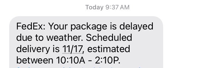 llmcmann's tweet photo. @FedExHelp so, 63° and partly cloudy is severe enough to cause a delivery delay due to weather?  I just want to know what the actual reason for the delay is since your phone reps swear it’s terrible weather here. https://t.co/R9V2nF30kT
