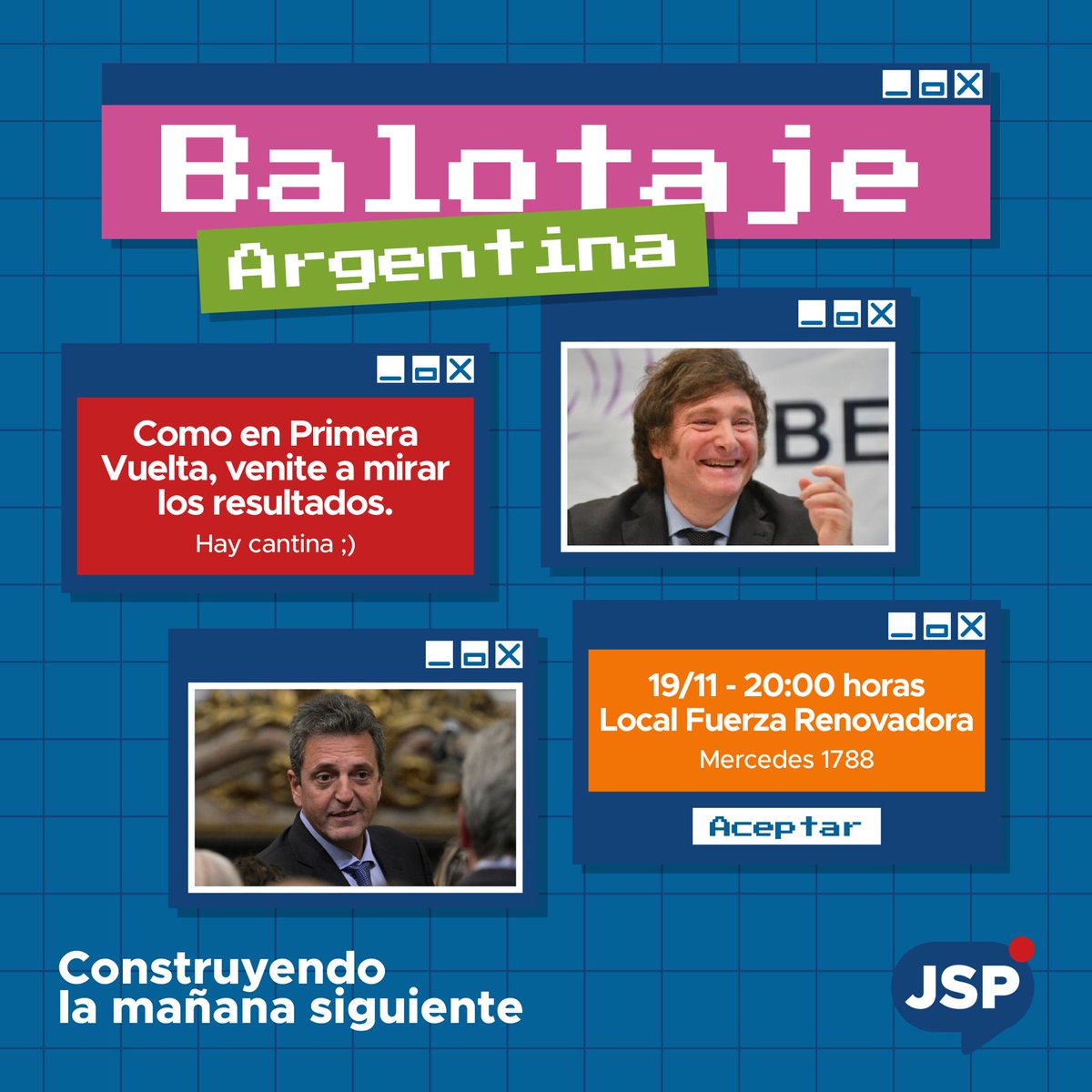 ¿Querías la revancha? Acá la tenés 😎

🗳️ ¡Balotaje en Argentina!  Nos volvemos a encontrar este domingo 19/11 para mirar juntos/as el balotaje entre Massa y Milei. 🇦🇷

Al igual que la otra vez, te esperamos para tomar una 🍻 con parrilla mixta (carnívora y veggie).