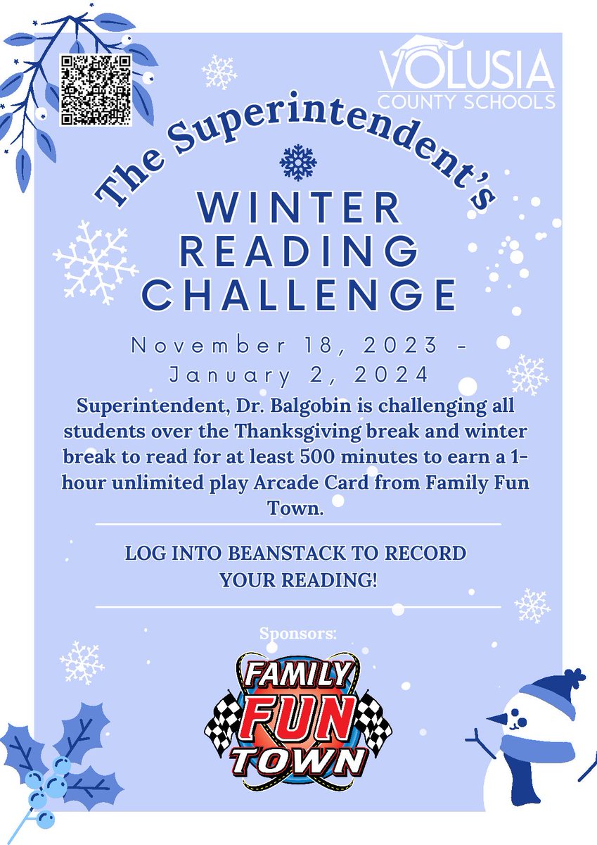 Winter break is coming, and so is the reading fun! I'm challenging all students to dive into books and read for 500 minutes. Your prize? A 1-hour unlimited play Arcade Card from @familyfuntown! Don't forget to log your reading minutes on Beanstack by Jan 2.
