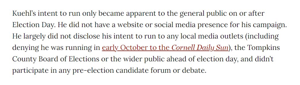 NEW from <a href="/meganzerez/">Megan Zerez</a>: Cornell senior Patrick Kuehl beats incumbent <a href="/JorgeDeFendini/">Jorge DeFendini🇵🇷🌹🇵🇸</a> for a seat on the Common Council in 2024 through an unannounced write-in campaign. Kuehl told IV today he appreciates the people of Ithaca for voting for him and "looks forward to serving them in