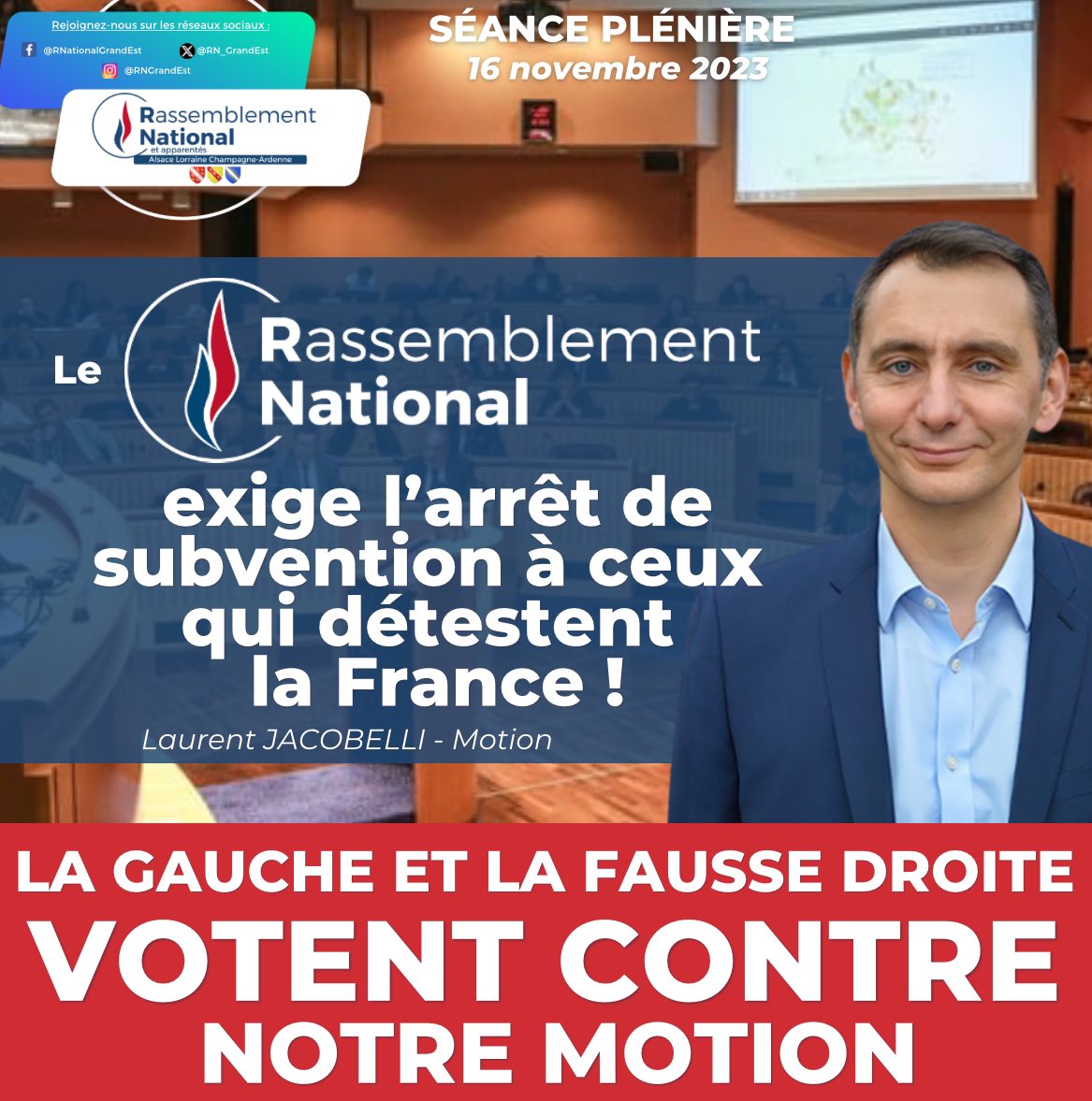 🔴 La GAUCHE et la FAUSSE DROITE votent CONTRE notre motion pour exiger l’arrêt de subvention à ceux qui détestent la France ! #SPNov23