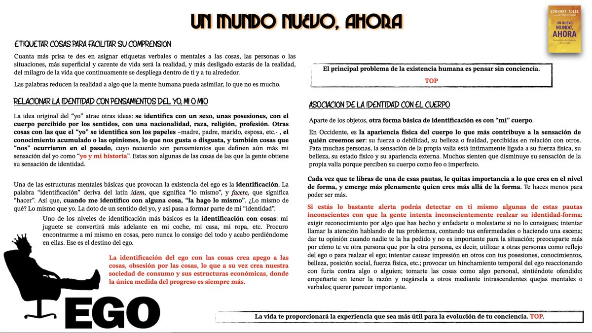 AlvaroSnchez4's tweet photo. Os comparto una de las diapositivas del resumen tras la lectura de UN NUEVO MUNDO, AHORA de Eckhart Tolle.

Reflexiones acerca de posiblemente la mayor enfermedad del ser humano moderno...el EGO.

Asociar la identidad personal con las posesiones, con el cuerpo, con cosas externas https://t.co/l8PVJJvPtF