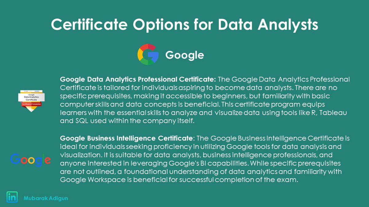 Femi_OfMainland's tweet image. If you’re looking to get certifications in Data Analytics, consider the following: