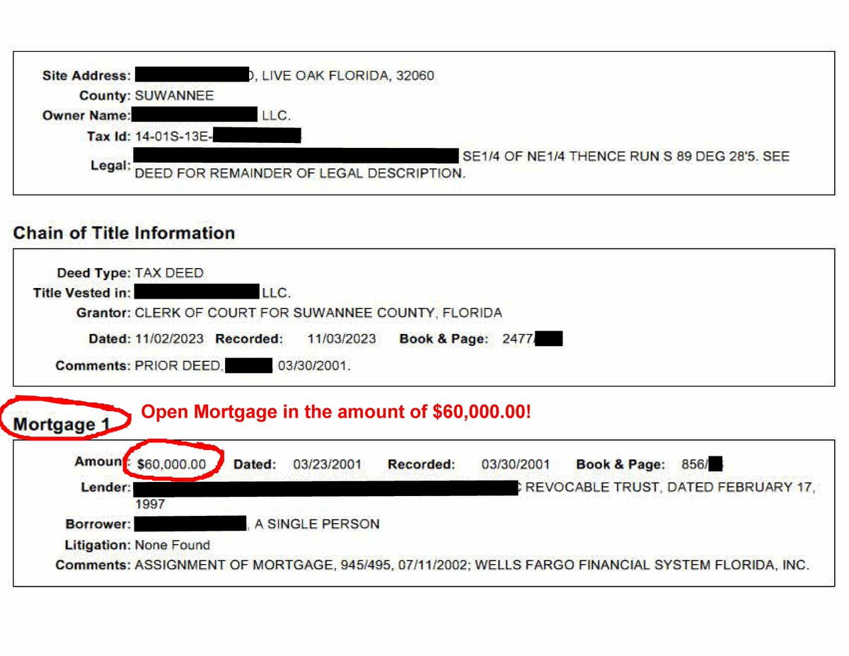 Here is a great example as to why a title search is necessary. A client ordered a title search AFTER purchasing a property at the county tax deed auction. The title search revealed an open mtg to Wells Fargo Bank. #realestate #florida #investor #property floridatitleandliensearch.com