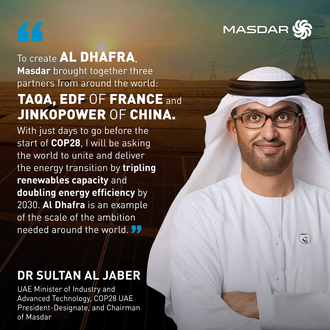 HE #DrSultanAlJAber highlighted the #AlDhafraSolarPV's status as the world's largest single-site solar power plant, driving scale, solar power efficiency, and cost competitiveness with the #UAE now a world leader in solar. 🔗masdar.ae/en/news/newsro…