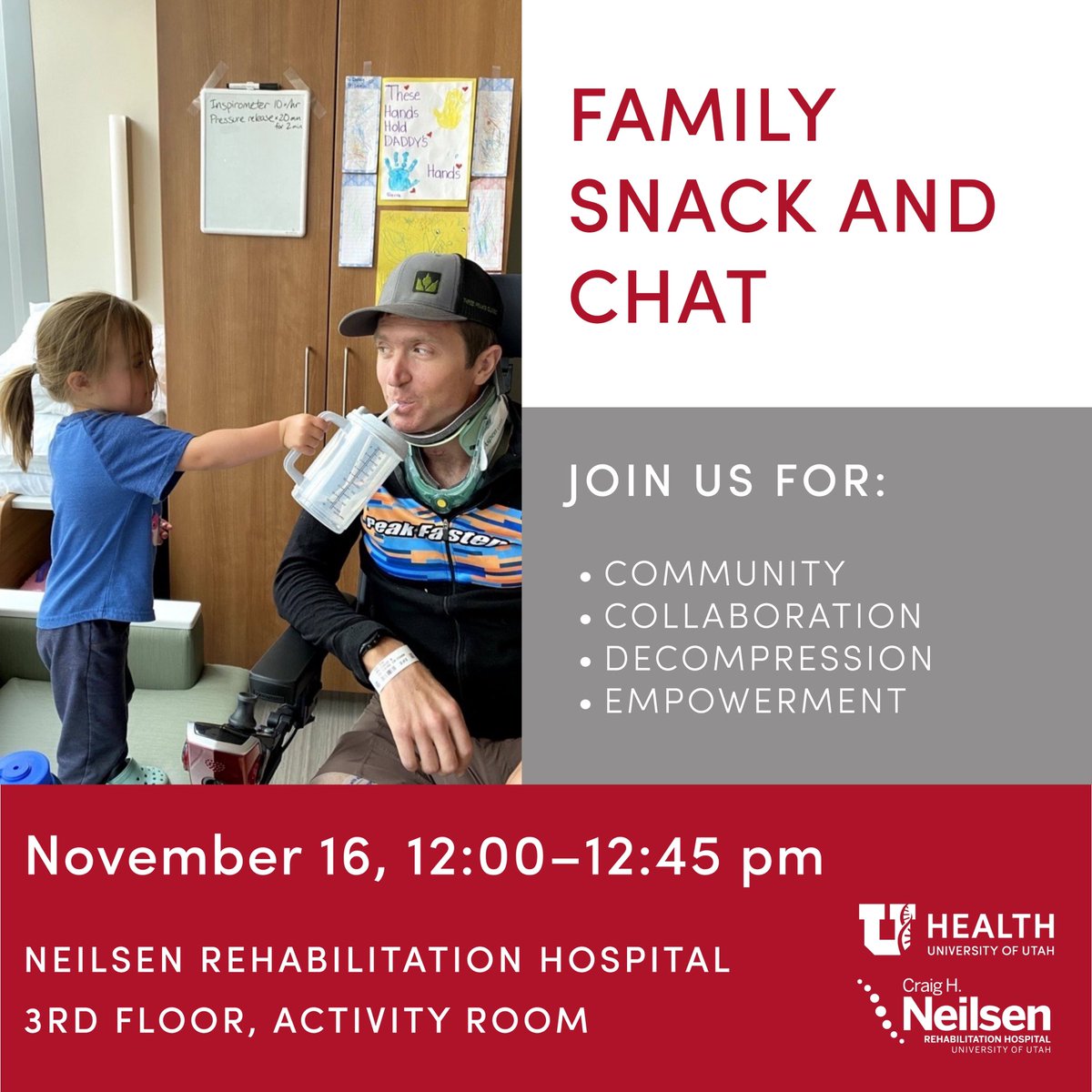 neilsenrehab's tweet photo. TODAY! Families and caregivers this is for YOU! Please join Kim, our social worker from 12-12:45 for a wonderful and supportive opportunity. 

#uofuhealth #supportgroup #scirehab #scirehabilitation #snackandchat https://t.co/hgwpdaLEXk