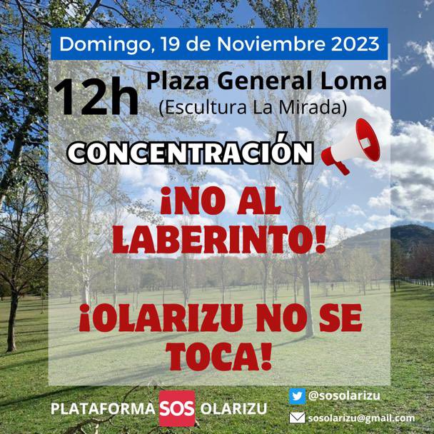 sosolarizu's tweet photo. Os esperamos este domingo para hacerle saber a @metxebarria_vg @BeaArtolazabal @socialistavasco @eajpnv que no hay justificación ninguna para destruir la
#campadeOlarizu y que todavía se puede parar este despropósito
#stoplaberinto #OlarizuezIkutu #OlarizuEzDagoSalgai https://t.co/b4EKszSRrv