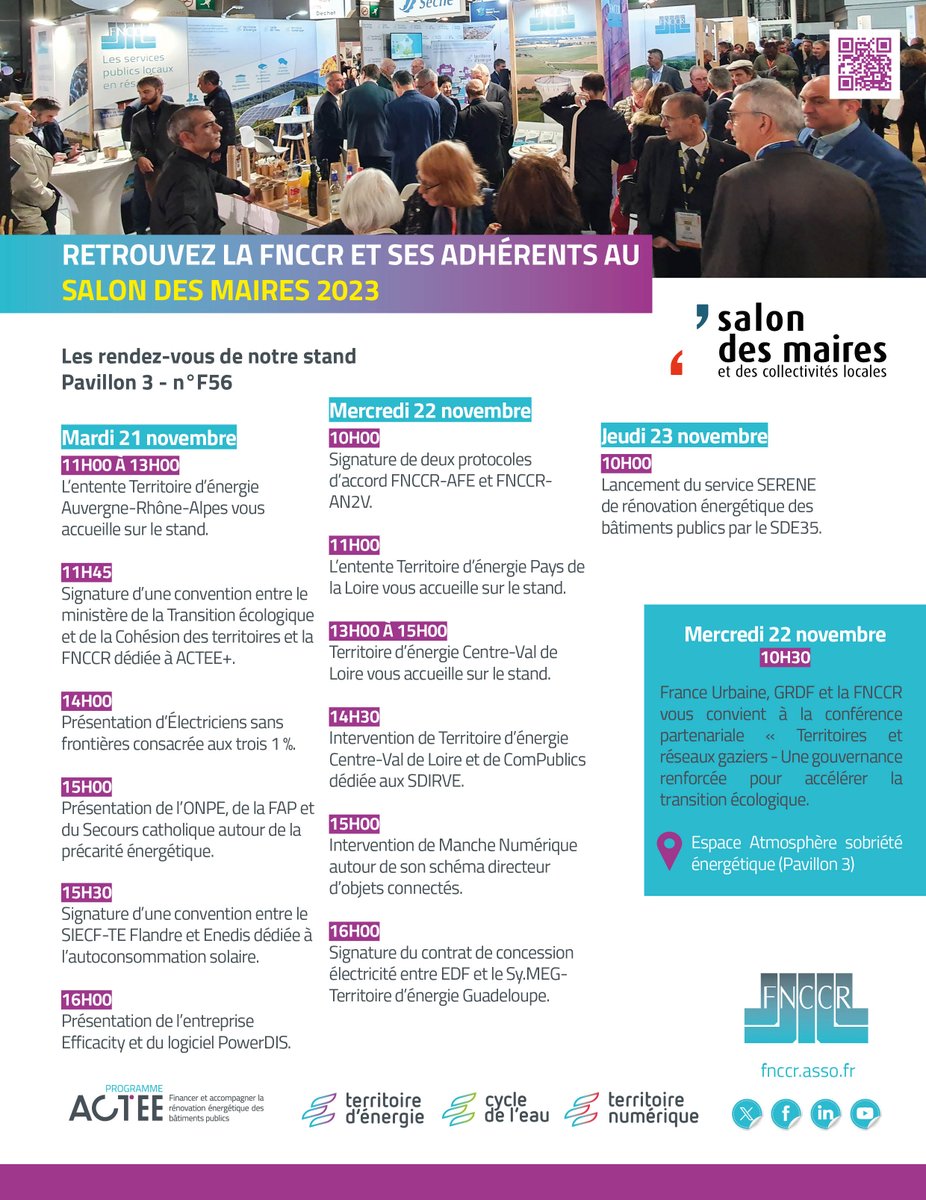 [#Événement, J-5] 🔜 

La <a href="/fnccr/">FNCCR</a> et ses adhérents seront présents à la prochaine édition du <a href="/salondesmaires/">Salon des Maires et des Collectivités</a> 🇫🇷
📅 Du 21 au 23/11/23
📍 Pavillon 3, stand F56 
🗣️ Pour parler  #énergie,  #eau,  #numérique,  #déchets, #éclairagepublic, #territoiresintelligents ou encore