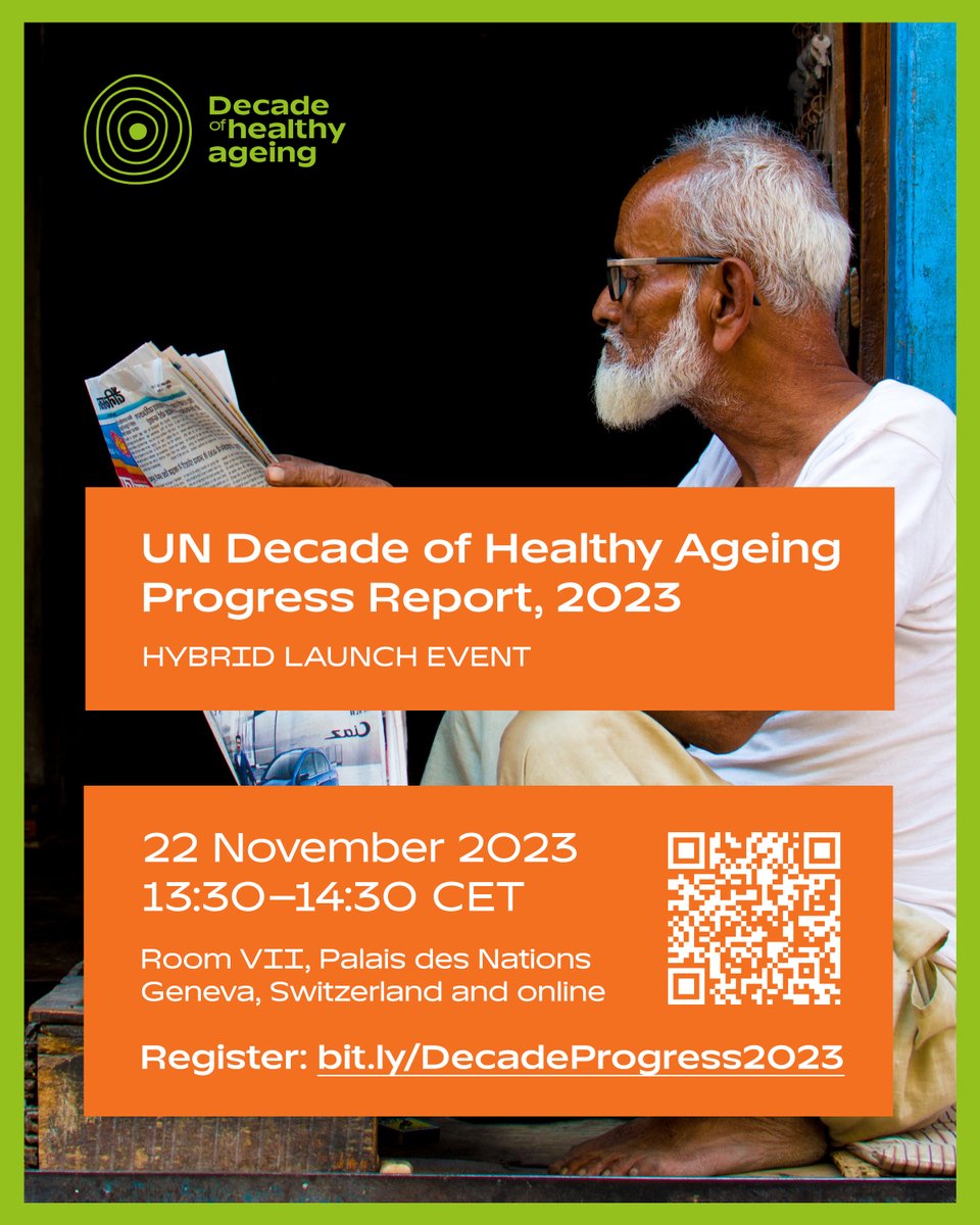 UN Decade of Healthy Ageing (2021-2030) (@undecadeageing) on Twitter photo It's been 3 years since the <a href="/UNDecadeAgeing/">UN Decade of Healthy Ageing (2021-2030)</a> was declared:
A decade to work together to ensure everyone, everywhere enjoy both longer 𝒂𝒏𝒅 healthier lives.
What progress have we made? How can we accelerate action?
🔎 Join us on 22 November to find out: bit.ly/DecadeProgress… It's been 3 years since the <a href="/UNDecadeAgeing/">UN Decade of Healthy Ageing (2021-2030)</a> was declared:
A decade to work together to ensure everyone, everywhere enjoy both longer 𝒂𝒏𝒅 healthier lives.
What progress have we made? How can we accelerate action?
🔎 Join us on 22 November to find out: bit.ly/DecadeProgress…