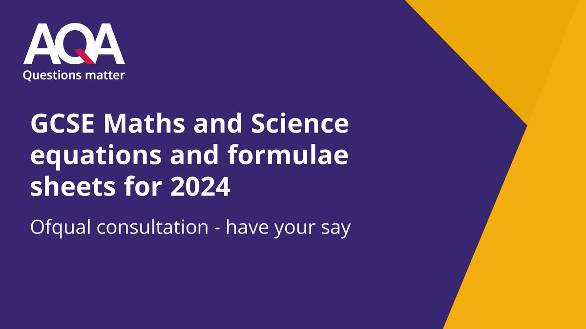Ofqual has announced a consultation for formulae and equations sheets for 2024 exams only. Subjects include GCSE Maths, GCSE Physics and GCSE Combined Science.

Have your say here > bit.ly/3MJDBVK