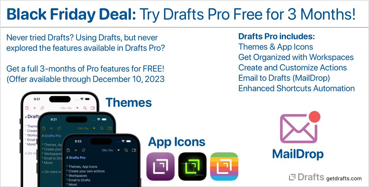 Drafts Black Friday Deal: Get a Free 3-Month Drafts Pro Trial!

Details and Redeem Link: forums.getdrafts.com/t/drafts-black…