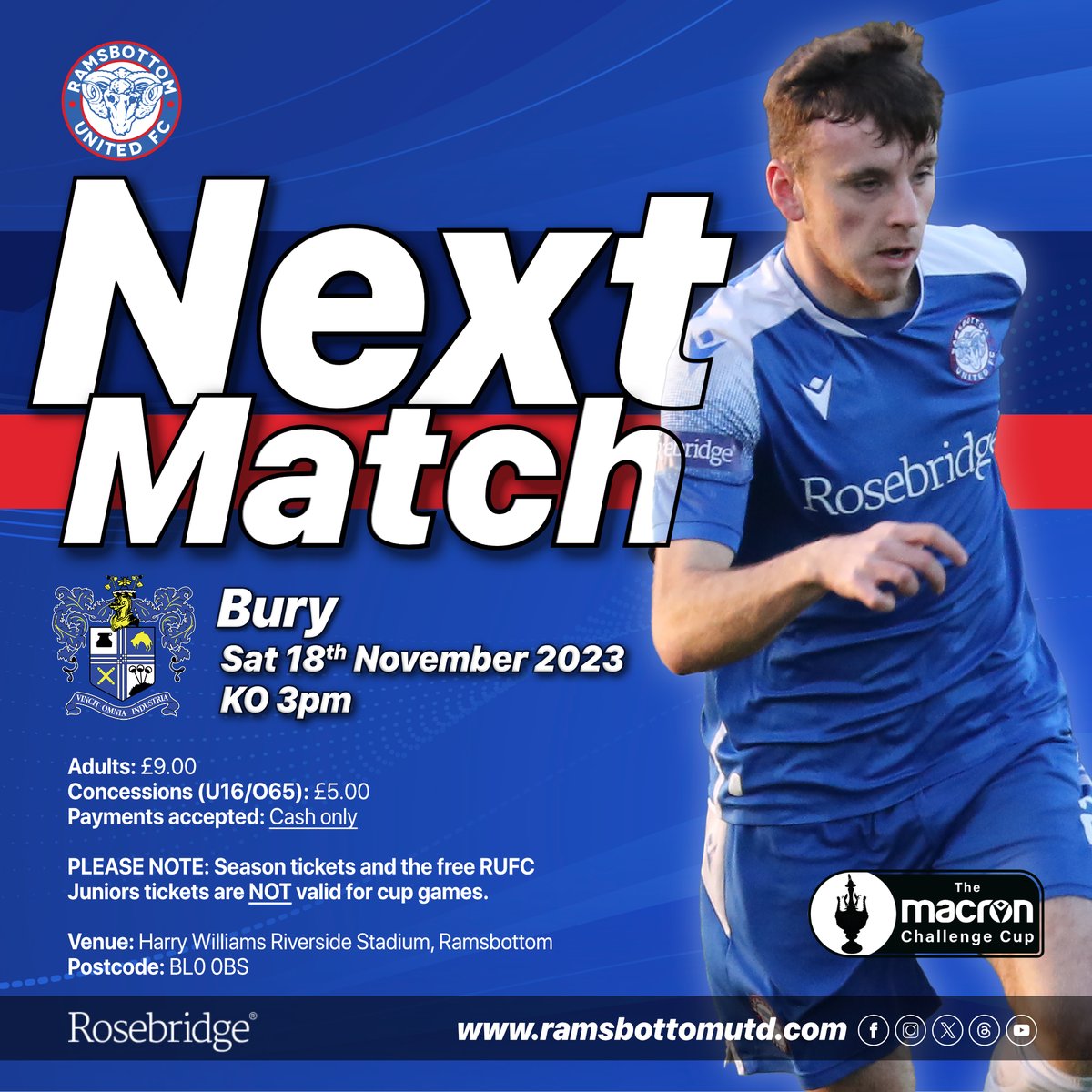 RAMSBOTTOM UNITED v BURY Macron Cup Second Round There is officially 6.6 miles between Acre Bottom and Gigg Lane (or three stops on the East Lancashire Railway line). But this will be the first ever competitive meeting between our two clubs, whichever incarnation of the football…