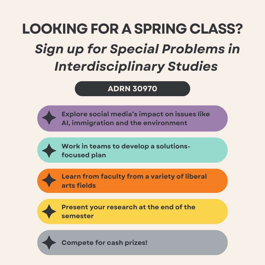 Looking for the perfect course for your spring schedule? Take Special Problems in Interdisciplinary Studies (ADRN 30970), a team-taught, teamwork-based class where you conduct research and can even win cash prizes. Prereqs: AddRan major, sophomores and up 📔