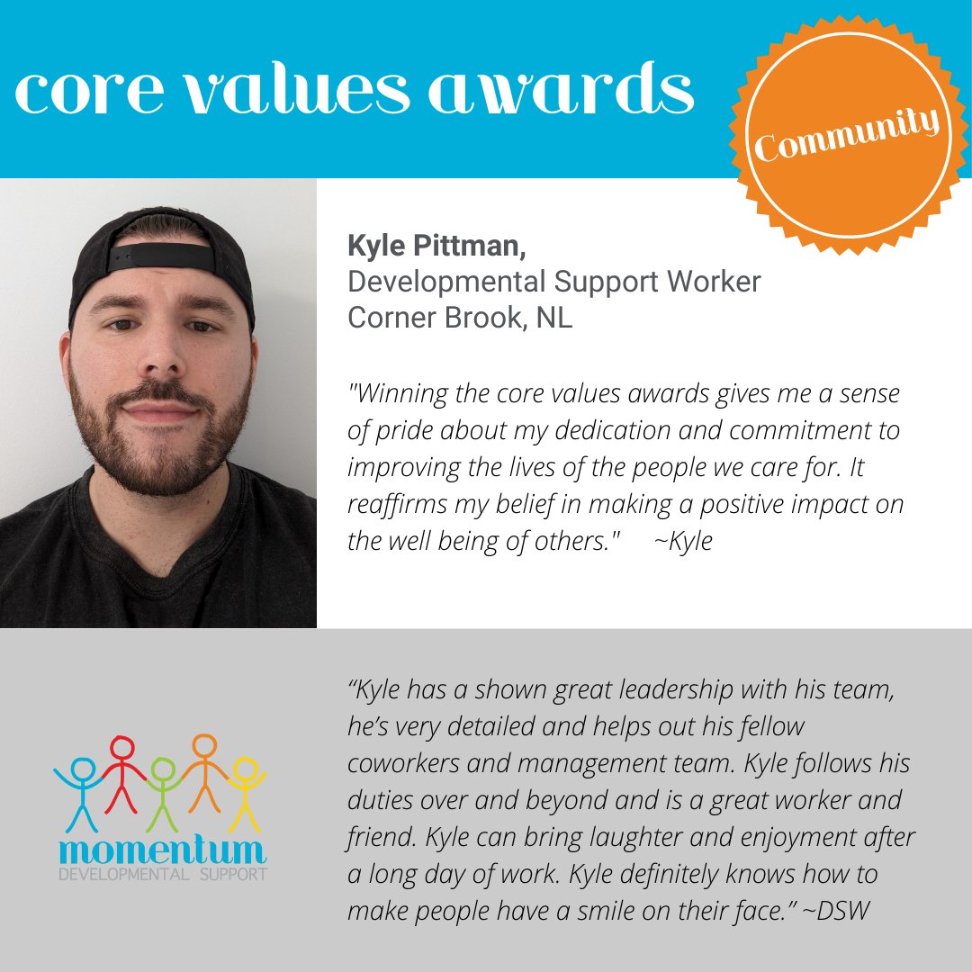 Thank you and congratulations to Kyle Pittman in Corner Brook, NL, this month's Core Value Award recipient! 👏

Thank you, Kyle, for everything that you do and the smiles you bring to our faces. 
#CoreValues #EnhancingFutures #Community