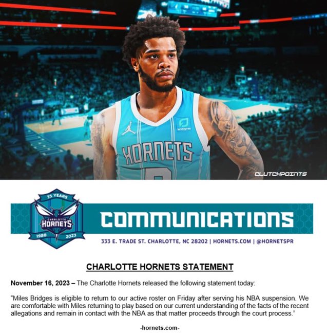 brasilcoast2's tweet photo. O condenado Miles Bridges volta as quadras amanhã pelo Charlotte Hornets.

“Estamos confortáveis ​​​​com o retorno de Miles com base em nosso entendimento atual dos fatos das recentes alegações e permanecemos em contato com a NBA à medida que o processo judicial avança.” https://t.co/se2AHW3gL7