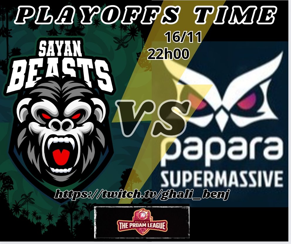 🦍ALL BEHIND YOUR BEAST 🦍
Premier tour des phases finales du 🏆<a href="/TPL_2K/">The Proam League</a> 🏆

⚔️ <a href="/supmassgg/">Papara SuperMassive</a>  (BO3) 
⌚22h00
🗓️16/11 

Grosse soirée au programme pour vos bêtes avec en prime <a href="/supmassgg/">Papara SuperMassive</a>. 

♟️<a href="/Bapt7Brls/">Braizhy 🎮</a>
🎯<a href="/Mukerz_/">Mukerz</a> 
🔒<a href="/Djino_93/">Mentalité Alpha5.20 🇭🇹</a>
🛡️<a href="/Ghali_BenJah/">Ghali Ben'Jah</a> 
🛡️ Roulio__7

📺 twitch.tv/ghali_benj