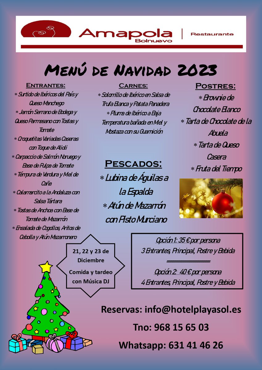 Menús de empresa para Navidad. Información y Reservas: info@hotelplayasol.es Whatsapp 631 41 46 26 y Teléfono: 968 15 65 03