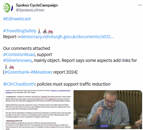 SpokesLothian's tweet photo. @LivingStreetsEd @SightScotland @SightScotVets @CyclingEdin @SpokesPorty @InfraSisters @EdinReporter @TheEdguardian @SW20Ed @CllrScottArthur @DAstonSNP @CllrChasBooth @euandavidson @TrafficLow @TransformScot @corstclimaction @harts_cyclery @johnrobson87 @hank_chief @GJMunro26 @CouncillorCowdy @BikeBusEdin @JarlathFlynn @SciennesPS @Algorhythmica1 @BikeBusCorstPS @NiallA_Ed @friendprestfld @DMainsPSA @TramstoNewhaven @EdinburghTrams @carltonreid @thecockburn @sto_paul @kevin_lang @KayleighFONeill @JimDensham @iaindocherty @Phil_Goodwin99 @StreetWurrier @keithirving1 @LStreetsScot #Edinwebcast
#TravellingSafelyπΆββοΈπ· π²
π€Report covers several items
Vote:
6 Lab/Con/Lib: approve #ComistonRoad+#Silverknowes changes (?? words added re revisingπ²route to roundabout)
3 SNP: want promised 2024 report to back Greenbank/Meadows
2 Green: keep Silverknowes closed https://t.co/pNXSbw5HSy