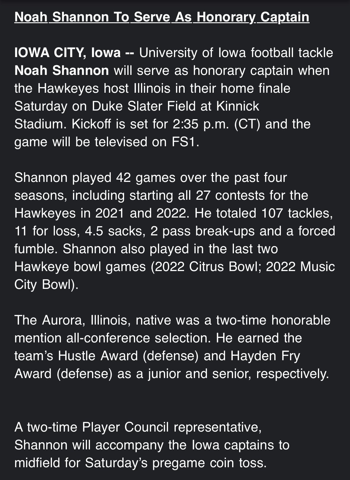 Noah Shannon to be honorary captain at Hawkeyes home finale against Illinois