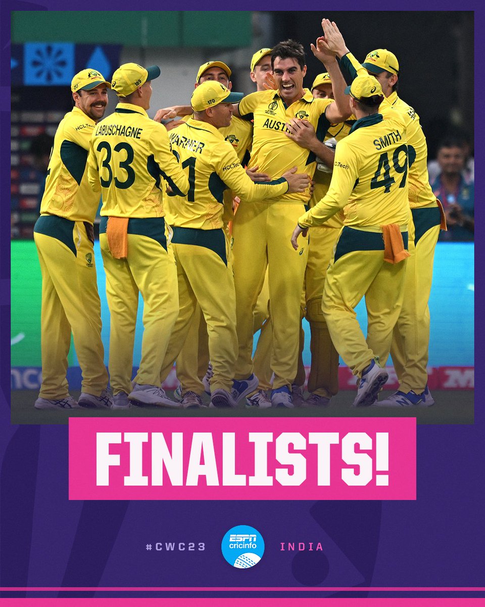 cricinfo's tweet photo. A TEAM THAT LOVES THE ODI WORLD CUP!

🇦🇺 are through to their eighth men's ODI World Cup final 🙌

https://t.co/NKJxPQslQa #SAvAUS #CWC23 https://t.co/Hdr8RgYsIi