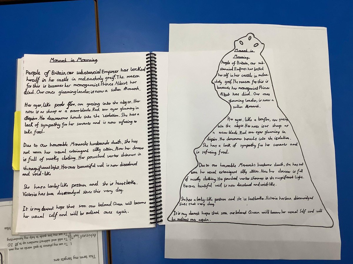 Teacher_Carter_'s tweet photo. Our polished pieces entitled ‘Monarch in Mourning’ based on Queen Victoria. Year 6 have worked so hard in their vocabulary and sentence structure 🪄 🤩 https://t.co/5DkAXm6JrN