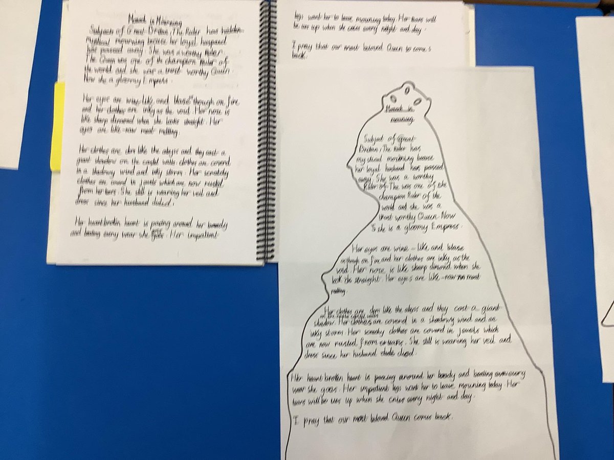 Teacher_Carter_'s tweet photo. Our polished pieces entitled ‘Monarch in Mourning’ based on Queen Victoria. Year 6 have worked so hard in their vocabulary and sentence structure 🪄 🤩 https://t.co/5DkAXm6JrN