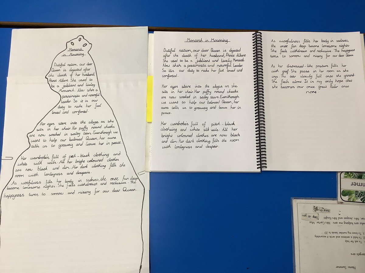 Teacher_Carter_'s tweet photo. Our polished pieces entitled ‘Monarch in Mourning’ based on Queen Victoria. Year 6 have worked so hard in their vocabulary and sentence structure 🪄 🤩 https://t.co/5DkAXm6JrN