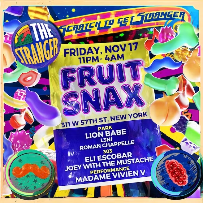 DjJoeyMustache's tweet photo. Are you ready for our fruitiest weekend yet? 🍒🍑🍍🍌 📆 NYC - Friday, Nov 17: Fruitsnax at The Stranger @LionBabe, Eli Escobar, L3NI, Roman Chapelle @MadameVivienV https://t.co/0hbIJEs2kE https://t.co/r5YSyEebKN
