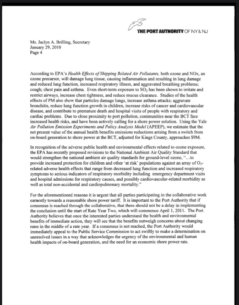 ViewFromTheHook's tweet photo. @PANYNJ @NYCCouncil38 @ebottcher @NYCMayorsOffice @NYCEDC @CruiseNetwork @EPA @PortSideNY @NYCComptroller @foe_us @pacenvironment The 2010 Port Authority testimony to the Public Services Commission supporting the creation of a shore power tariff (electricity rate for ships), stating that the use of shore power at the Brooklyn Cruise Terminal would save residents $9M per year in monetized health care costs! https://t.co/615UpeR46c