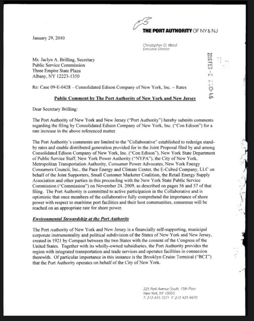 ViewFromTheHook's tweet photo. @PANYNJ @NYCCouncil38 @ebottcher @NYCMayorsOffice @NYCEDC @CruiseNetwork @EPA @PortSideNY @NYCComptroller @foe_us @pacenvironment The 2010 Port Authority testimony to the Public Services Commission supporting the creation of a shore power tariff (electricity rate for ships), stating that the use of shore power at the Brooklyn Cruise Terminal would save residents $9M per year in monetized health care costs! https://t.co/615UpeR46c