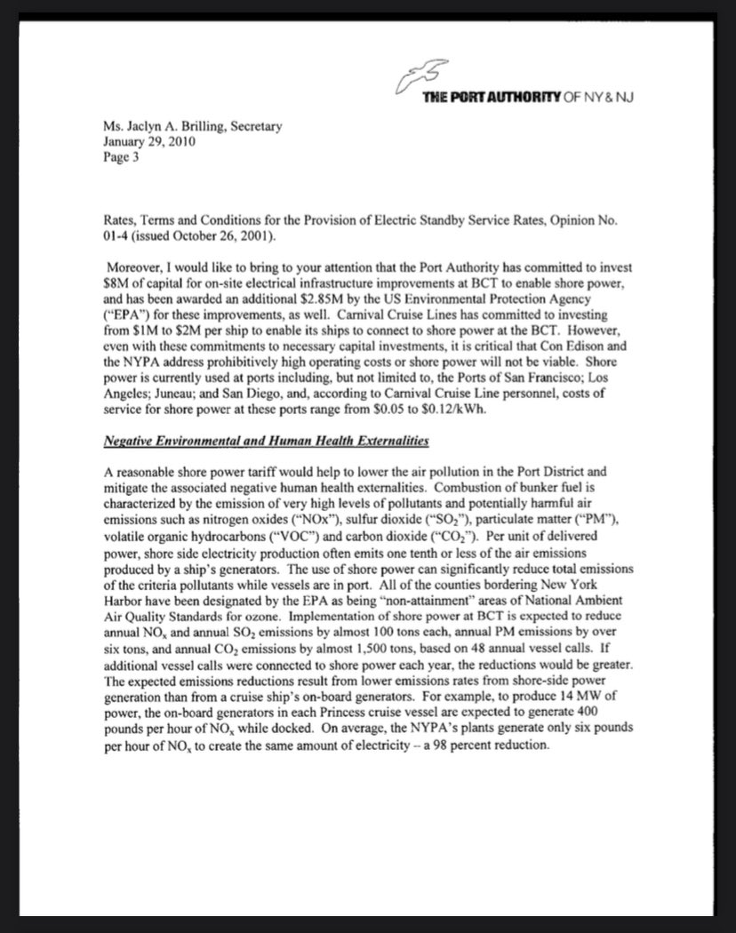 ViewFromTheHook's tweet photo. @PANYNJ @NYCCouncil38 @ebottcher @NYCMayorsOffice @NYCEDC @CruiseNetwork @EPA @PortSideNY @NYCComptroller @foe_us @pacenvironment The 2010 Port Authority testimony to the Public Services Commission supporting the creation of a shore power tariff (electricity rate for ships), stating that the use of shore power at the Brooklyn Cruise Terminal would save residents $9M per year in monetized health care costs! https://t.co/615UpeR46c