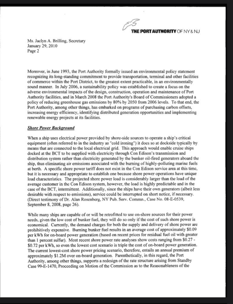 ViewFromTheHook's tweet photo. @PANYNJ @NYCCouncil38 @ebottcher @NYCMayorsOffice @NYCEDC @CruiseNetwork @EPA @PortSideNY @NYCComptroller @foe_us @pacenvironment The 2010 Port Authority testimony to the Public Services Commission supporting the creation of a shore power tariff (electricity rate for ships), stating that the use of shore power at the Brooklyn Cruise Terminal would save residents $9M per year in monetized health care costs! https://t.co/615UpeR46c