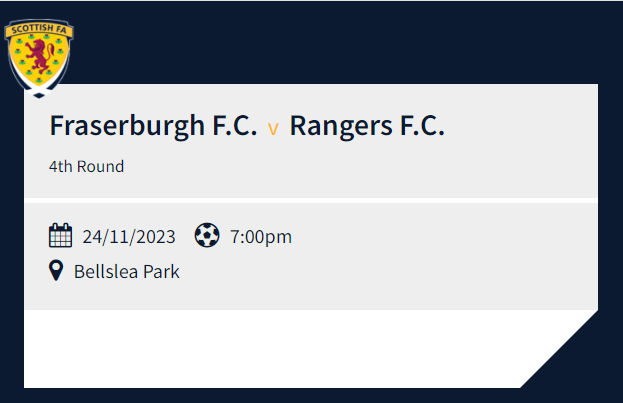 FraserburghFC's tweet photo. Fraserburgh v. Rangers 
SFA Youth Cup R4
Fri 24th Nov | 7.00pm KO

After our excellent victory on Sunday v. Stirling Albion in R3, we are now at home to Rangers in R4. We are the last remaining HFL Club in the competition.  

Entry will be £5 with Season Tickets Valid. https://t.co/oyXskg0btk