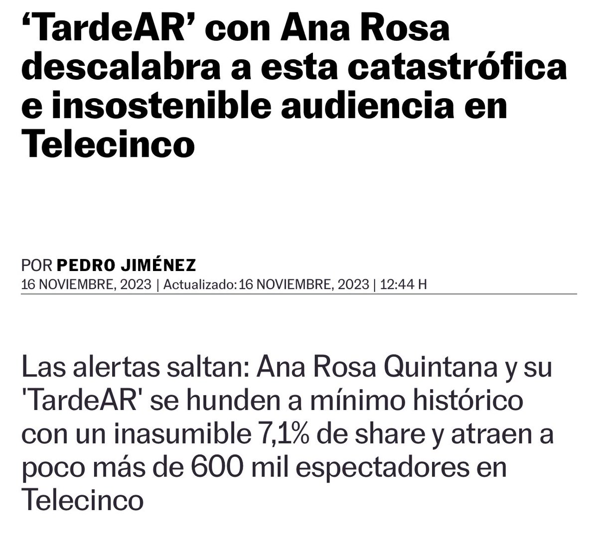 HISTORIA DE UN FRACASO:
Quitaron Salvame para que Facha Rosa hiciera campaña electoral contra Perro Sanxe. Seis meses después, Perro Sanxe es presidente, Telecinco se ha cargado la tarde y Facha Rosa baja a un 7% de audiencia: 600.000 fachas, vamos 😝