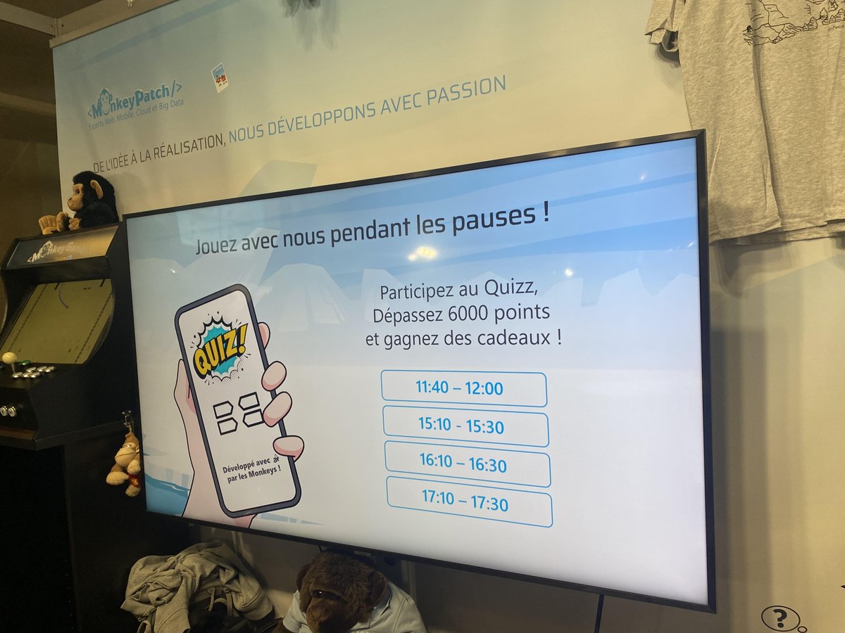 Les MonkeyQUIZ ont été appréciés tout au long du <a href="/DevFestToulouse/">DevFest Toulouse</a> 🎁🤪! Il nous en reste un à animer ! #RDV sur le stand G15 pour une dernière chance de gagner nos goodies 💥🤞