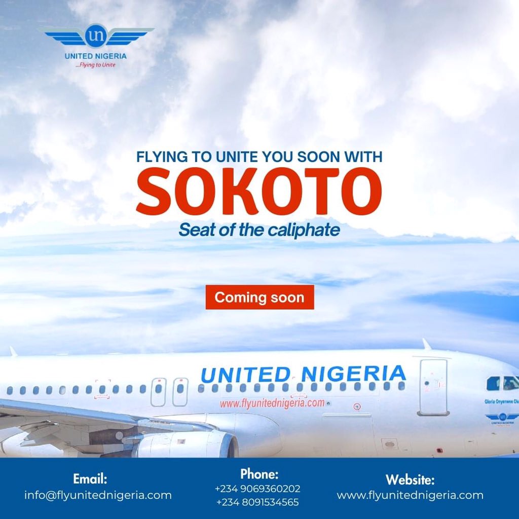 United Nigeria Airlines is offering you enhanced connectivity across Nigeria with flights to Sokoto. Coming soon.

Anticipate!

#UnitedNigeriaAirlines #FlyUnitedNigeriaAirlines #FlyingToUnite #AMoreRewardingWayToFly #sokoto #flightstosokoto #travelnigeria