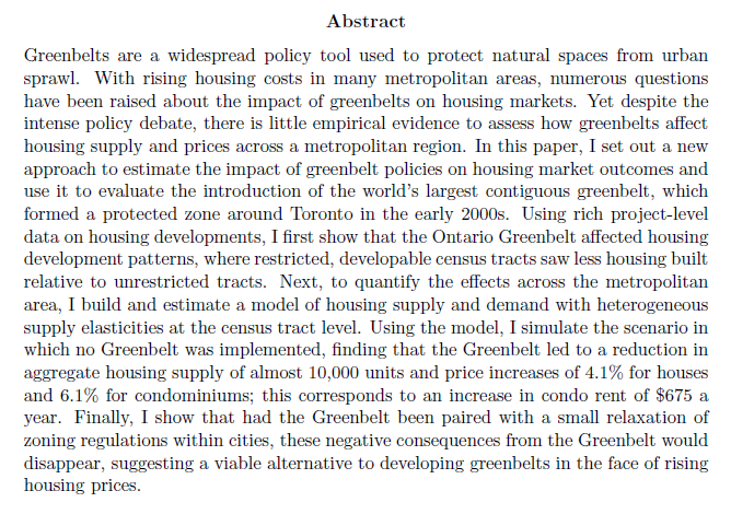 📢I'm thrilled to announce that I will be on the 2023-2024 Job Market this year! My research interests are in public and urban economics and my JMP is titled: 'The Impact of Greenbelts on Housing Markets: Evidence from Toronto' (🧵to follow) Website: hempeleconomics.com