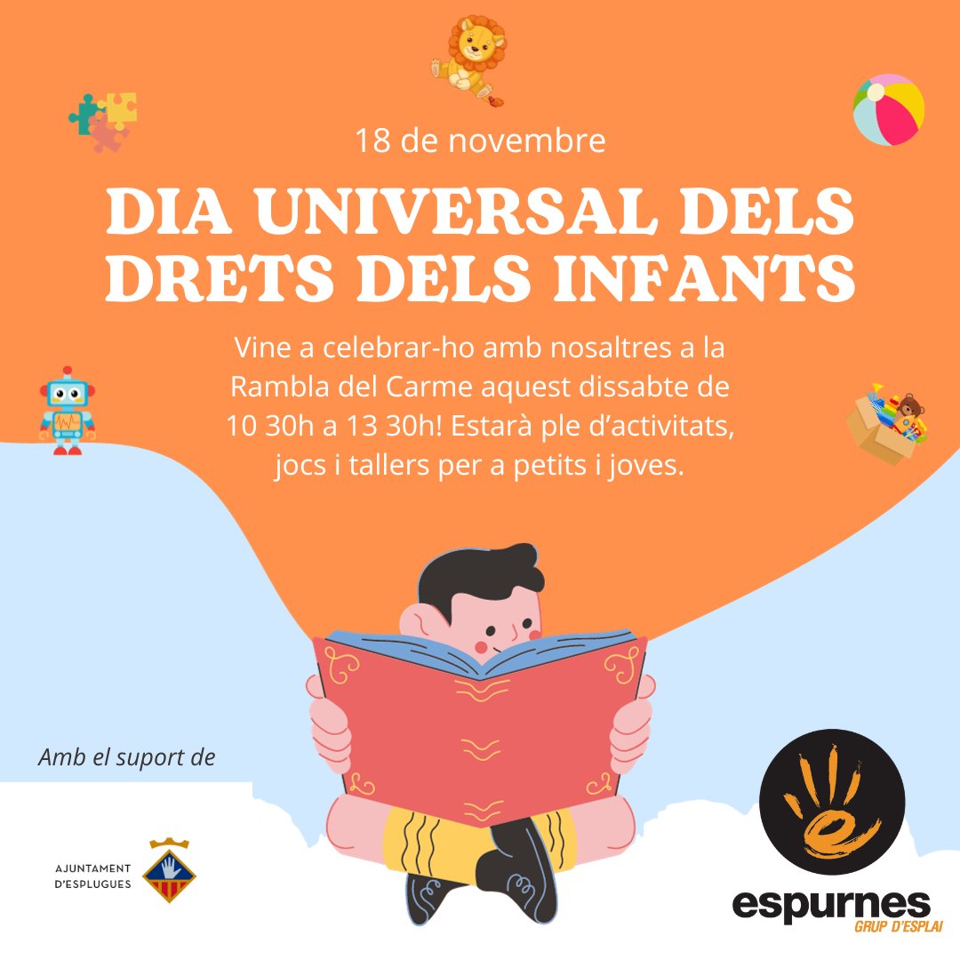 Vine a celebrar el DUDI amb nosaltres aquest dissabte! Per commemorar el Dia Universal dels Drets dels Infants estarem de 10 30 a 13 30 a la Rambla del Carme fent un munt de jocs i activitats per a tothom!

Amb el suport de l'ajuntament d'Esplugues.

#DUDI #EsplaiEspurnes