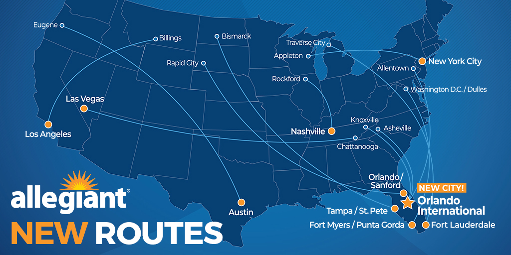 Allegiant's tweet photo. 👏 NEW 👏 ROUTES 👏 ARE 👏 HERE 👏

These 12 new nonstop routes are scheduled for arrival this spring. So what are you waiting for? Book your next trip now only at https://t.co/Z48IktKHO2. https://t.co/rlbE4A9nuC