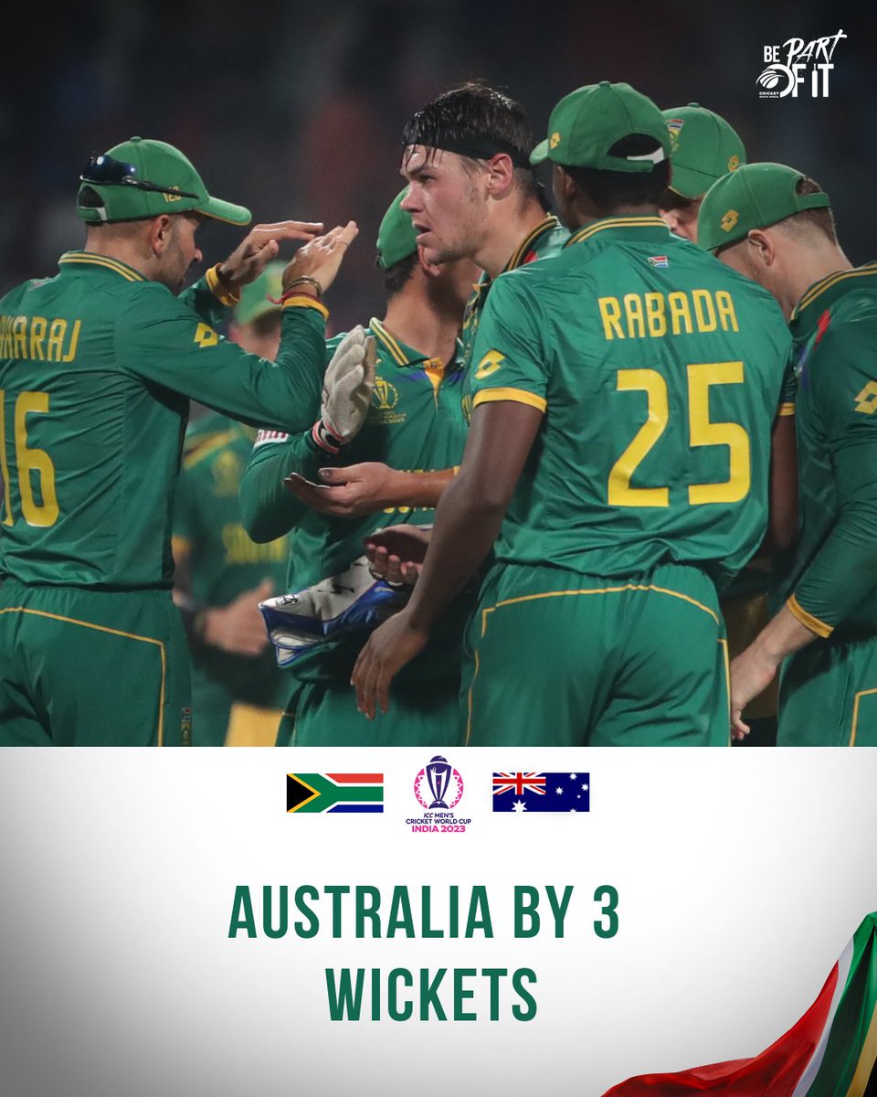 A bitter sweet ending to a phenomenal tournament by the boys. 

We are incredibly proud of the brilliant display of cricket since day 1 of the #CWC23. 🏏🇿🇦💚

#CWC23 #SAvAus #BePartOfIt