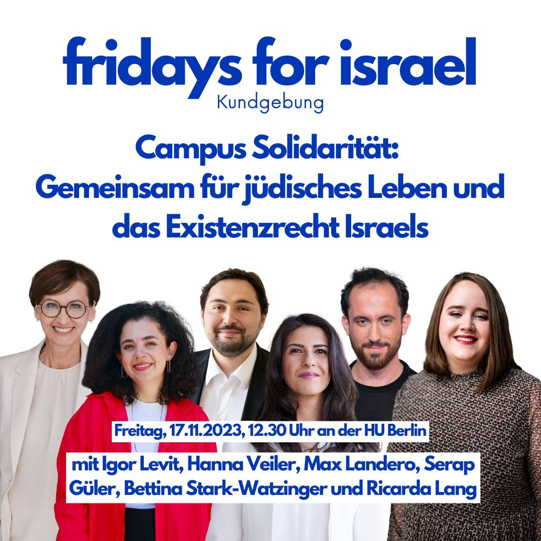 Was für ein Line-up als Zeichen der Solidarität mit jüdischen Studierenden: @Ricarda_Lang, @igorpianist, @starkwatzinger, @SerapGueler, @HannaVeiler und @MaxLandero! Jetzt fehlt nur noch Ihr! Also kommt zahlreich und lasst uns gemeinsam ein Zeichen gegen Antisemitismus setzen! 🇮🇱