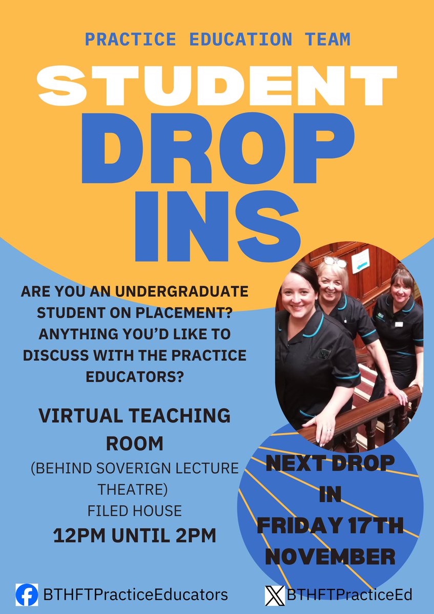 The Practice Education team are hosting Student Drops Ins
If you are a student on placement at BTHFT and have anything you'd like to discuss with our friendly practice education team, please come along