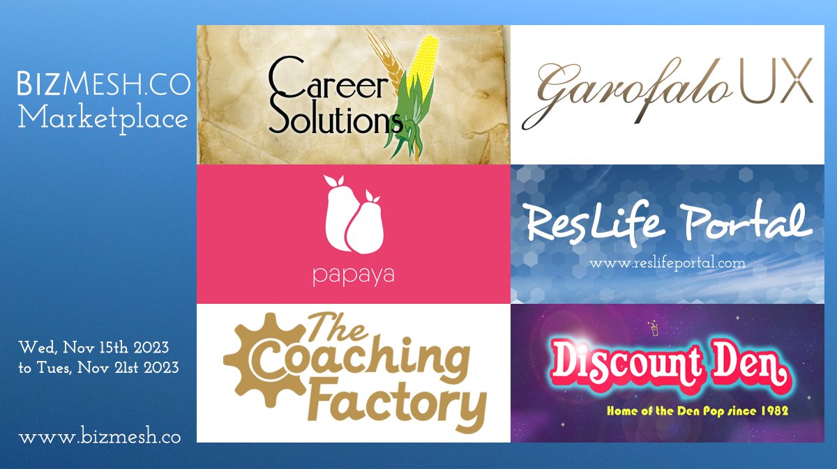 bizmesh's tweet photo. Weekly Marketplace! Check out Career Solutions Co, Garofalo UX, Papaya, ResLife Portal, The Coaching Factory, & Discount Den. https://t.co/8H9mdpg7EL #entreprenuer #entreprenuership #smallbiz #smallbusiness #BizMesh #MeshTogether #supportsmallbusinesses https://t.co/nqE9FijcPe