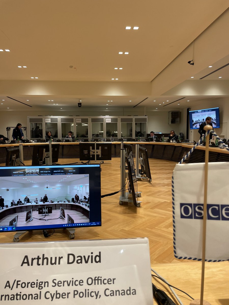 arty_david's tweet photo. First time in Vienna for @OSCE cyber/ICT security Informal Working Group. Shared 🇨🇦 national updates on our co-adoption of CBM 4 (Open, interoperable, secure, and reliable internet) with our 🇰🇿 partners and the progress we are making towards further implementation. https://t.co/MpMGZHsD2n